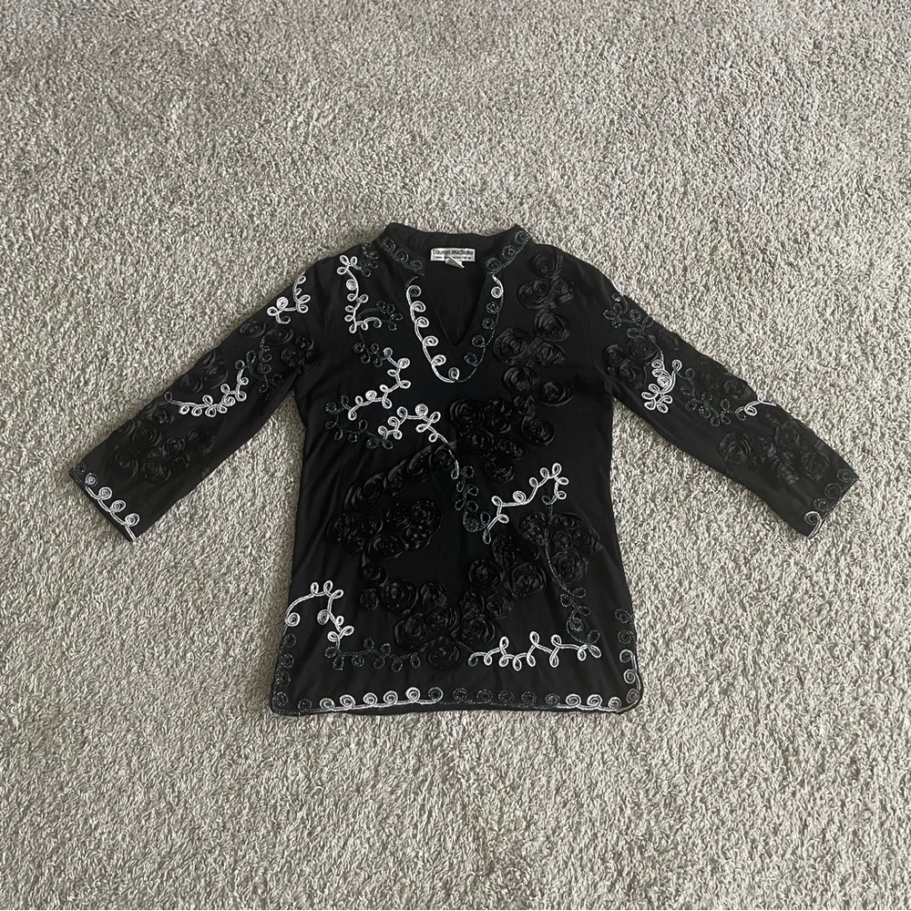 Lauren Michelle Black and White Floral Top Sz M
